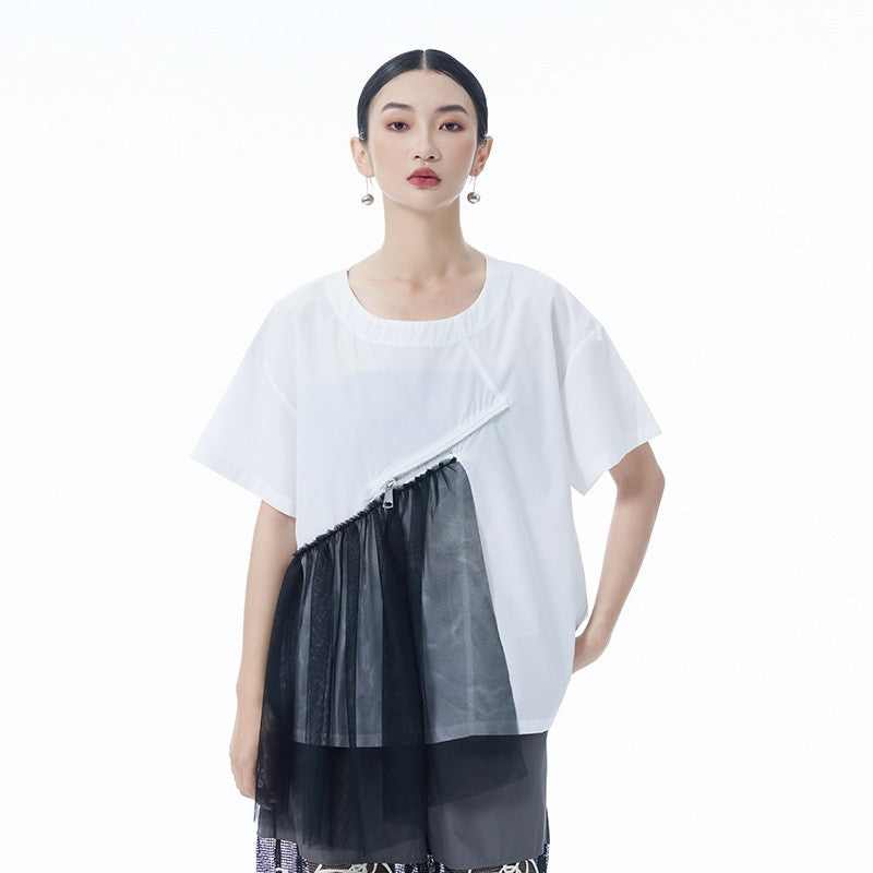 Vintage Mesh Zipper Short Sleeve T Shirt Women