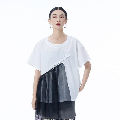Vintage Mesh Zipper Short Sleeve T Shirt Women