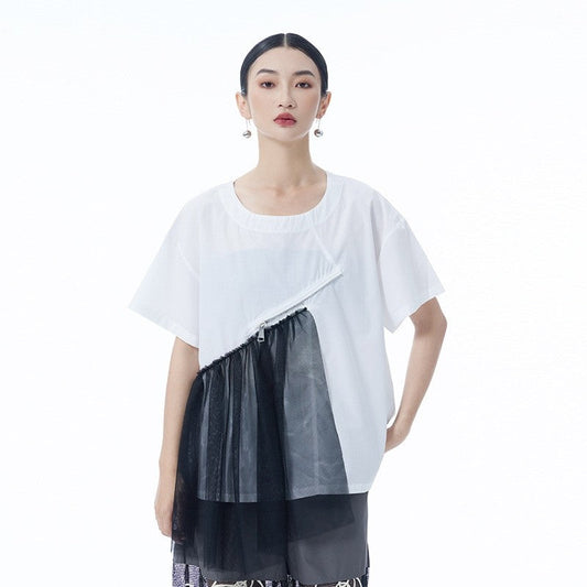 Vintage Mesh Zipper Short Sleeve T Shirt Women