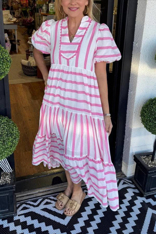 Women's Short Bubble Sleeve Striped Dress With Pockets