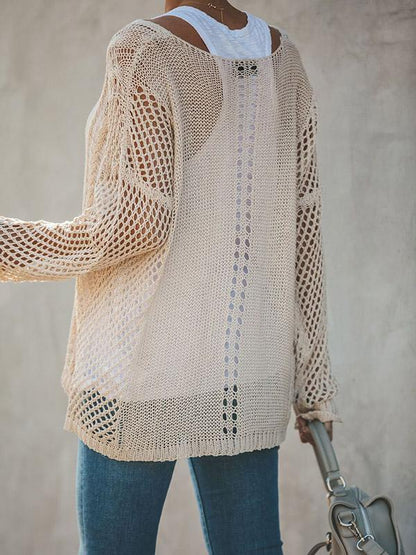 Hollow Solid Color V-Neck Knitting Sweater Tops