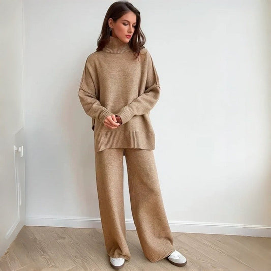 Loose High Neck Knit Sweater Pants Set