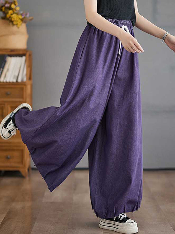 High Waisted Loose Drawstring Elasticity Pleated Pockets Culotte Knickerbockers