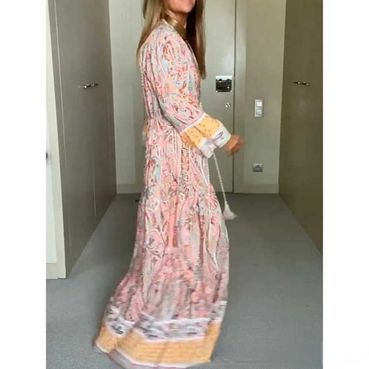 Summer New Bohemian Print V-Neck Fashion Versatile Casual Style Large Swing Long Dress