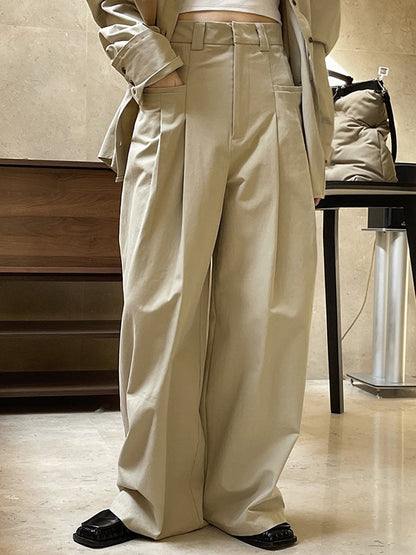 Original Loose Wide Legs Pleated Solid Color Pants