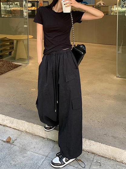 High Waisted Loose Drawstring Elasticity Pockets Solid Color Split-Joint Pants Trousers
