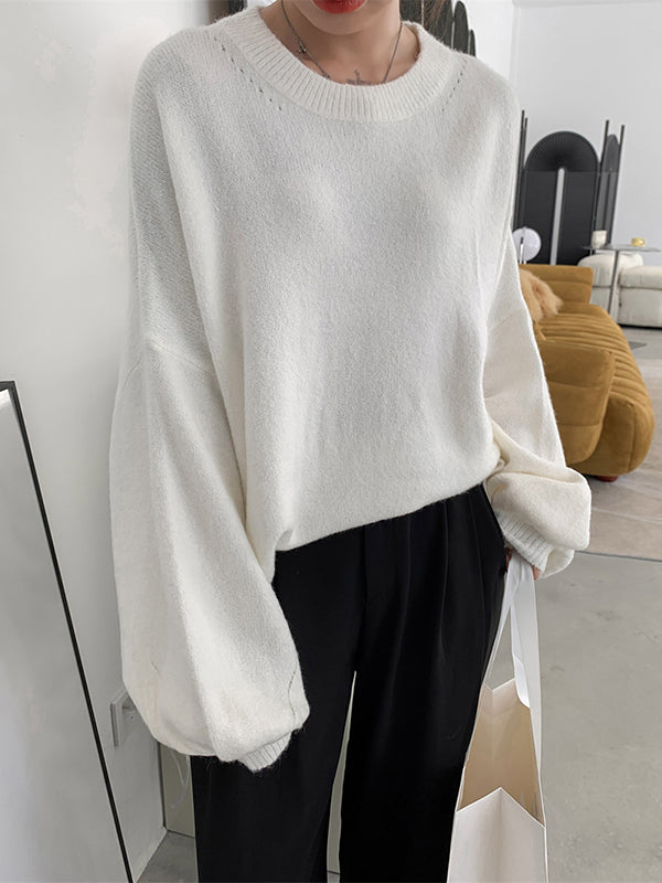 Loose Puff Sleeves Split-Side Solid Round-Neck Sweater Tops