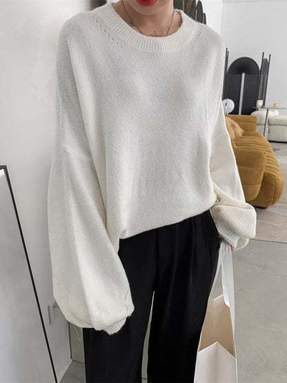Loose Puff Sleeves Split-Side Solid Round-Neck Sweater Tops