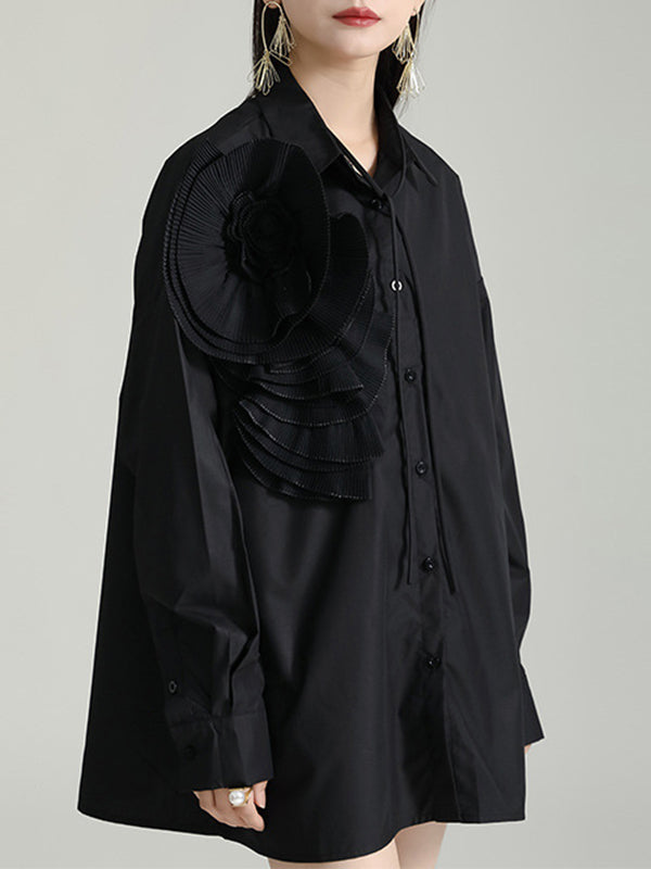 Solid Color Three-Dimensional Flower Long Sleeves Buttoned Blouses