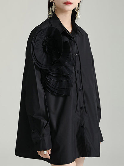 Solid Color Three-Dimensional Flower Long Sleeves Buttoned Blouses