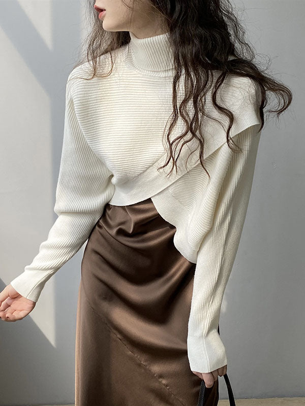 Stylish 4 Colors Knitting High-Neck Asymmetric Split-Front Sweater