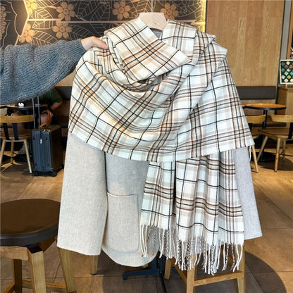 Color Block Plaid Fringe Scarf