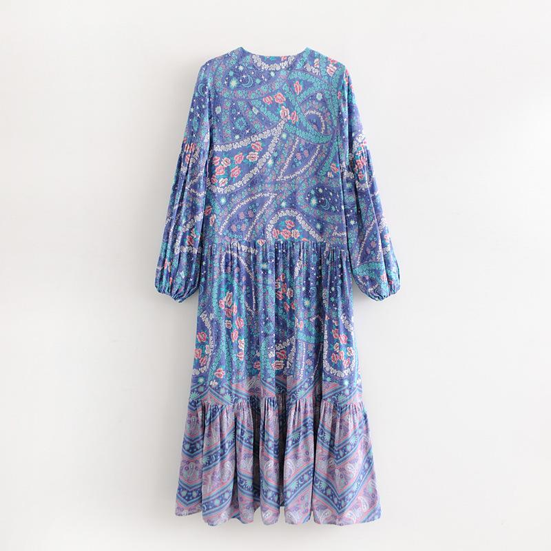 Bohemian Floral Long Sleeve V-Neck Button Maxi Loose Dress