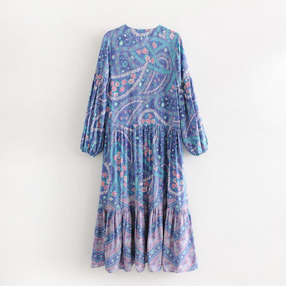 Bohemian Floral Long Sleeve V-Neck Button Maxi Loose Dress
