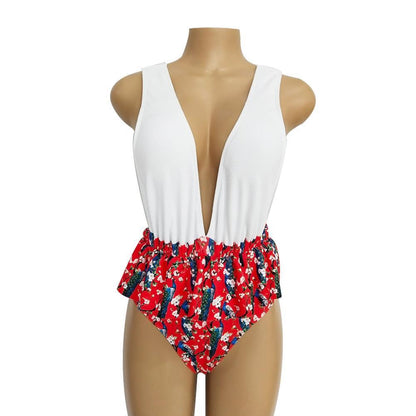 Ruffled Print V-Neck Bow Ins Style One Piece Swimsuit