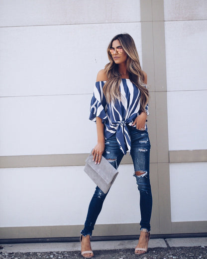 Stripe Off Shoulder Trumpet Sleeve Tops Shirt Blouses