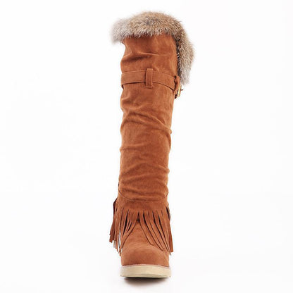 Flat High Boots Round Fringed Frosted Casual Snow Boots Large Size Women S Boots