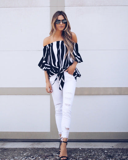 Stripe Off Shoulder Trumpet Sleeve Tops Shirt Blouses