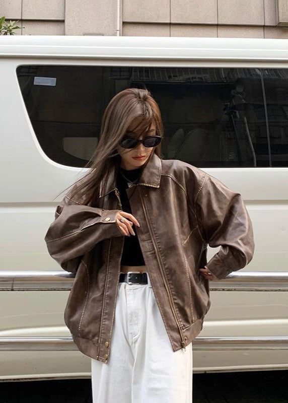 Oversized Faux Leather Jacket Vintage Brown