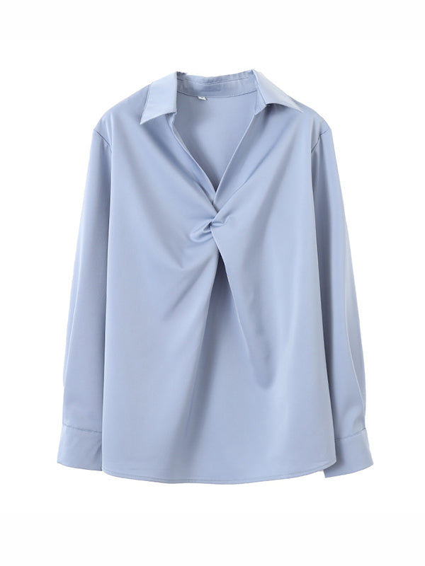 Long Sleeves Knot Pleated Solid Color Split-Joint Lapel Blouses&Shirts Tops