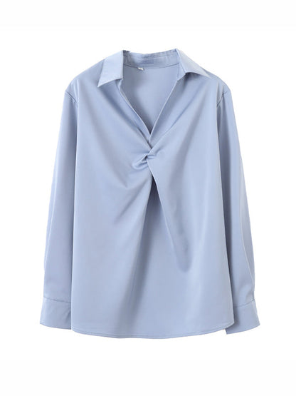 Long Sleeves Knot Pleated Solid Color Split-Joint Lapel Blouses&Shirts Tops