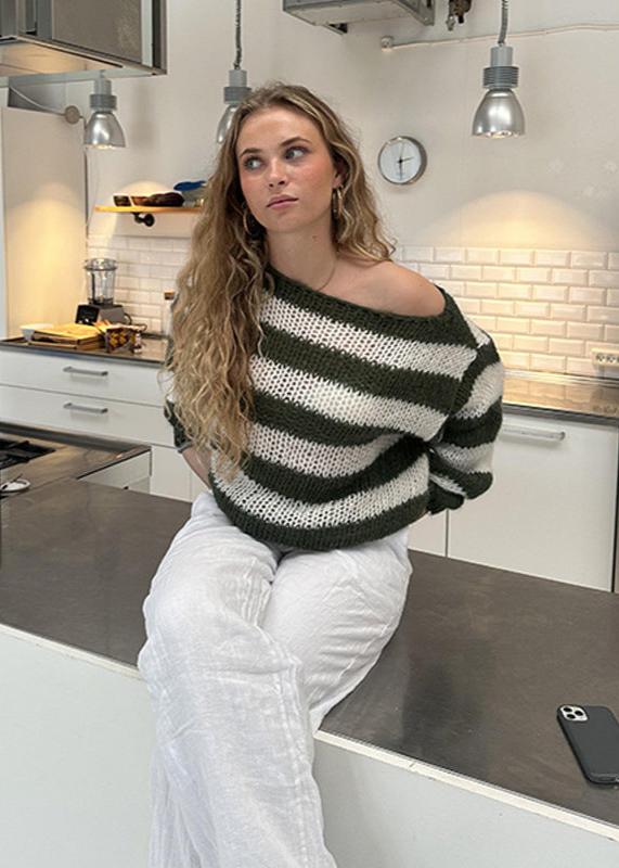 Relaxed Knit Off Shoulder Sweater With Stripes