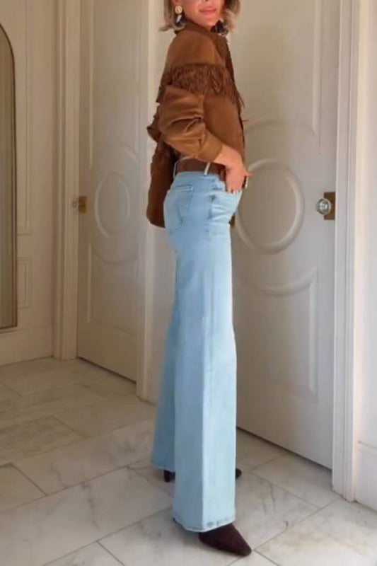 Light blue high-waist wide-leg vintage denim flared pants