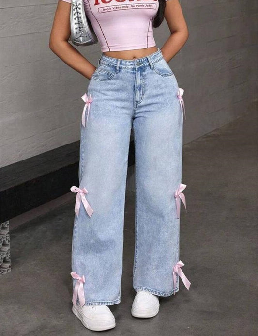 Bow Decoration Washed Street Straight Leg Jeans
