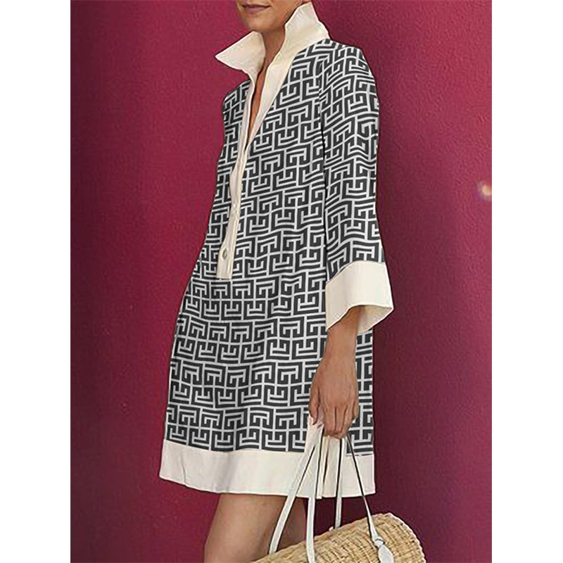 Long Sleeves Three-Quarter Sleeves Buttoned Printed Lapel Mini Dresses Shirt Dress