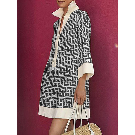 Long Sleeves Three-Quarter Sleeves Buttoned Printed Lapel Mini Dresses Shirt Dress