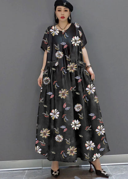 loose Yellow O-Neck Print Satin Maxi Dress Summer
