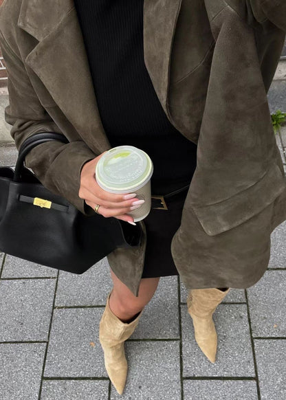 Faux Suede Tailored Blazer In Deep Olive