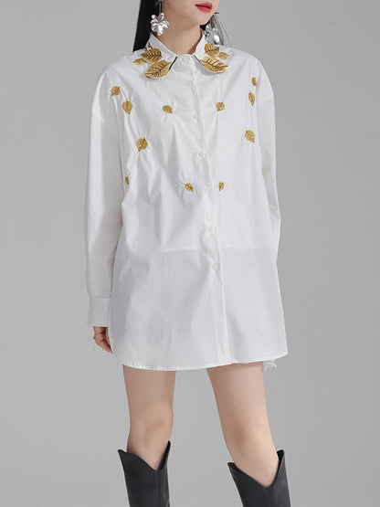 Long Sleeves Loose Buttoned Embroidered Split-Side Lapel Blouses&Shirts Tops