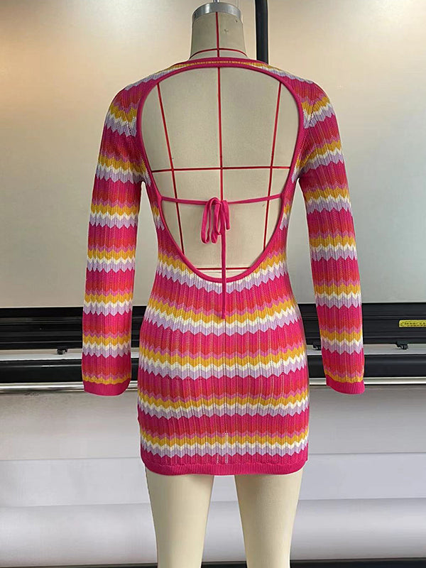 Long Sleeves Skinny Backless Contrast Color Tied Round-Neck Knit Dresses Mini Dresses