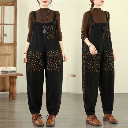 Loose Leg Print Denim Overalls
