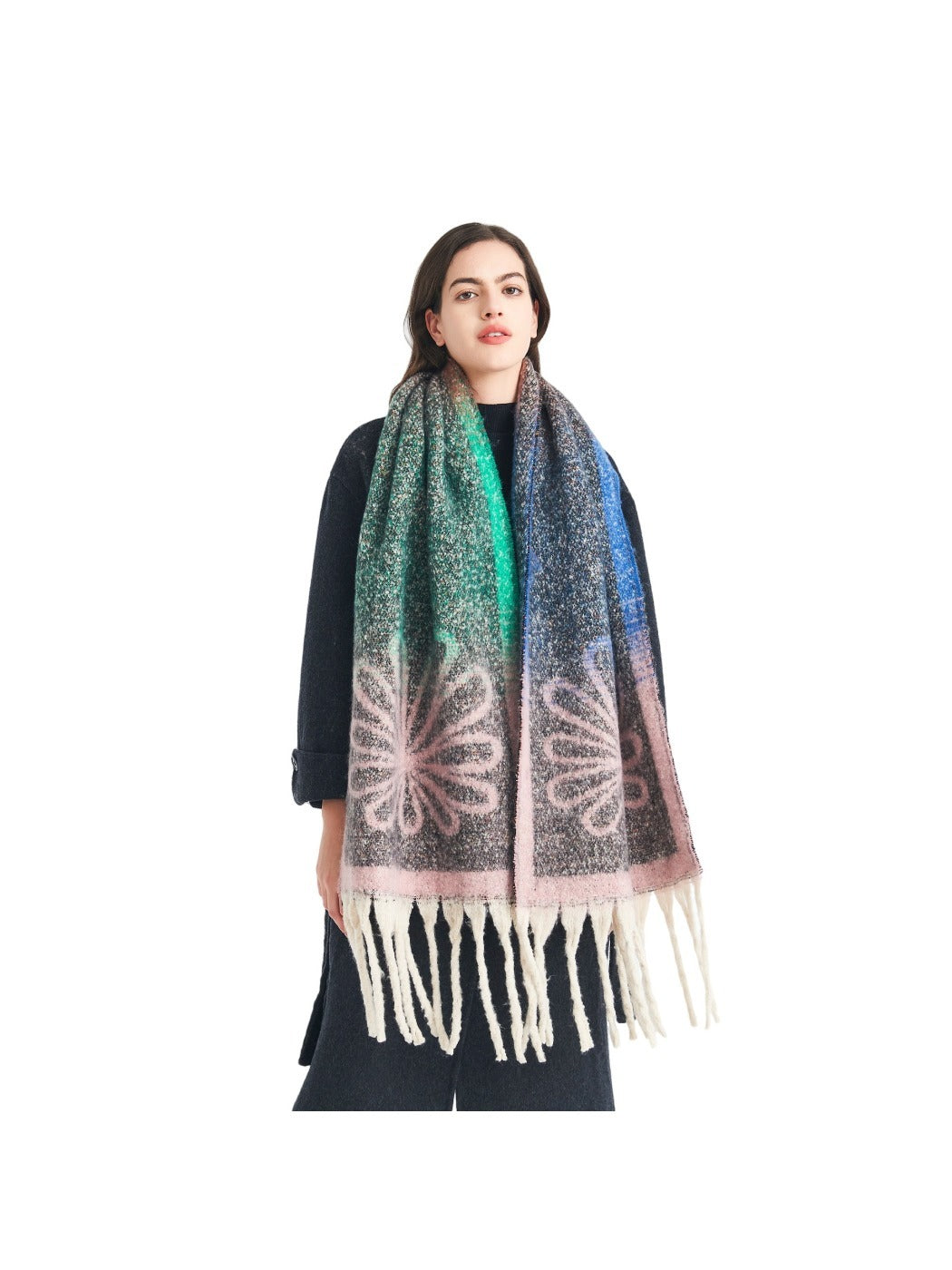 Scarvii - Tassel Scarf with Big Flower Jacquard Scarf