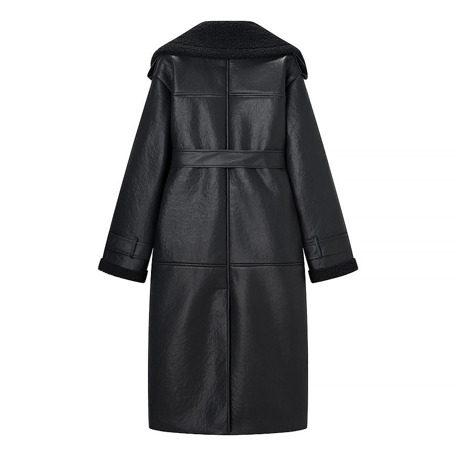 Long Fur Leather Belted Coat