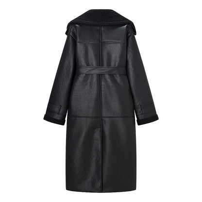 Long Fur Leather Belted Coat