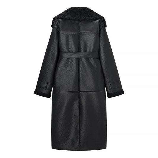 Long Fur Leather Belted Coat