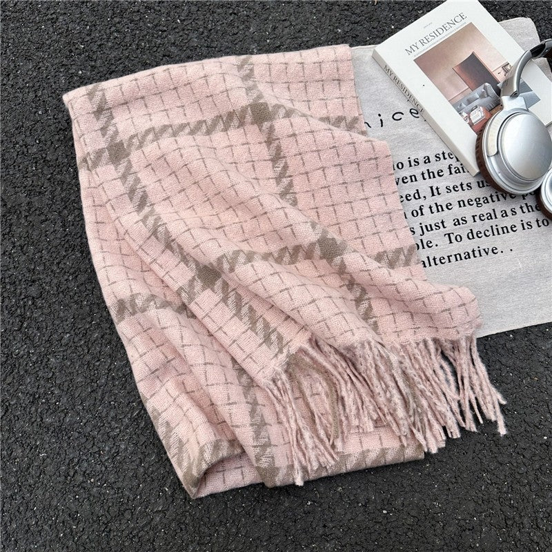 Color Block Plaid Fringe Scarf