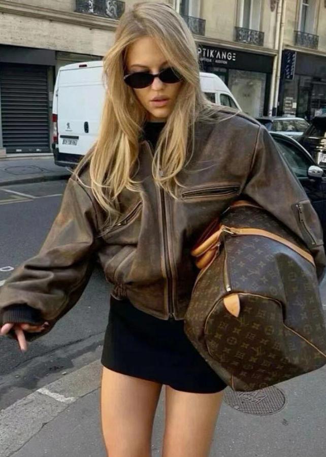 Faux Leather Bomber Jacket With Distressed Finish
