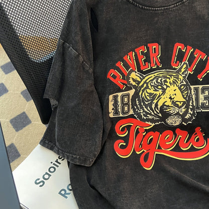 Teesher - Oversized Black Distressed Tiger Graphic T-Shirt