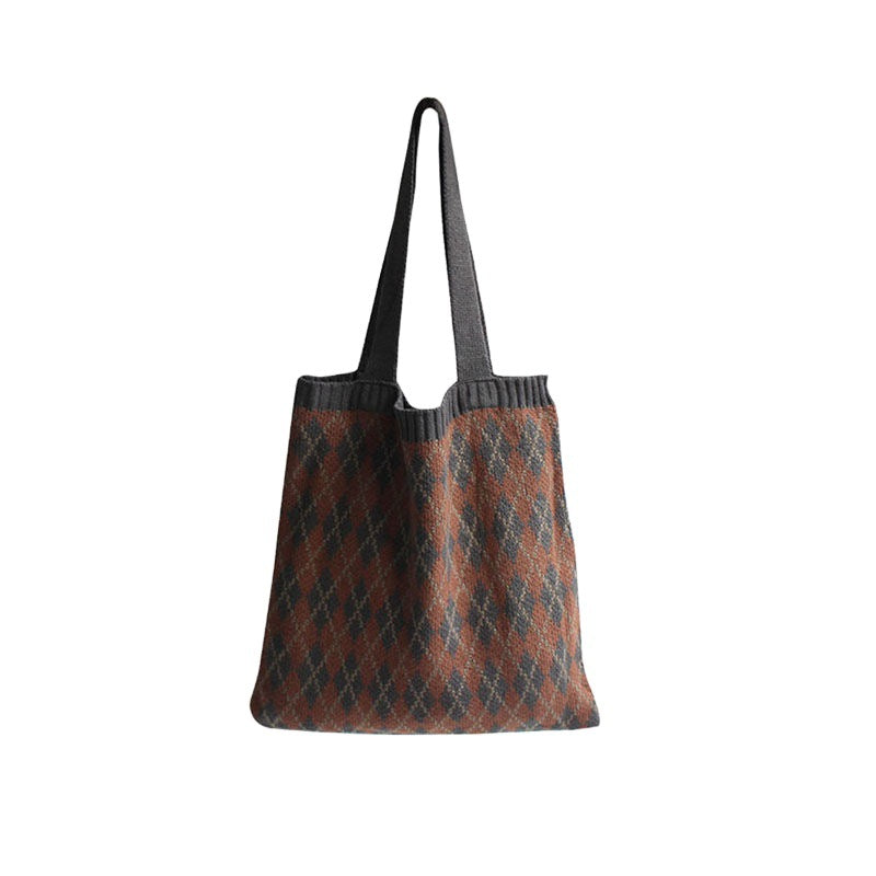 Crochet Tote Bag Vintage Diamond Woven Wool Bag