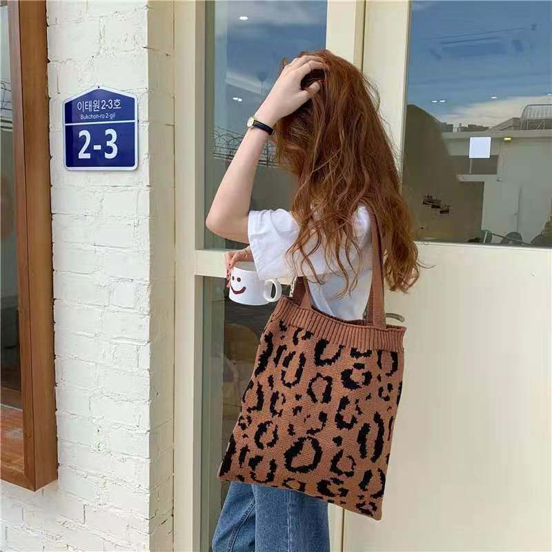 Crochet Tote Bag Leopard Print Knit Bag