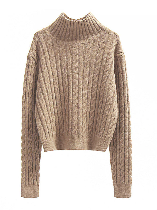 Casual Long Sleeves Loose Solid Color High-Neck Sweater Tops