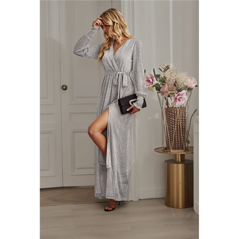 Solid Color Long Sleeves V-Neck Waist Tied Slit Glitter Maxi Evening Dress