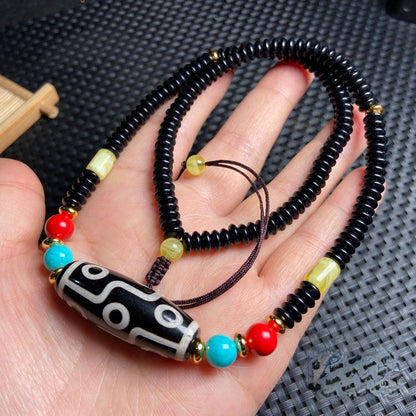 Tibetan Nine-Eyed Beads Clavicle Chain Old Agate Beads With Beeswax Cinnabar Beads Necklace