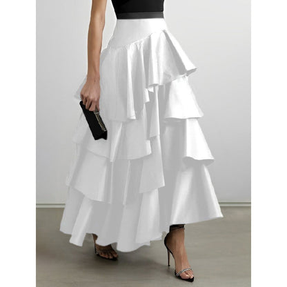 A-Line High Waisted Falbala Solid Color Long Skirts