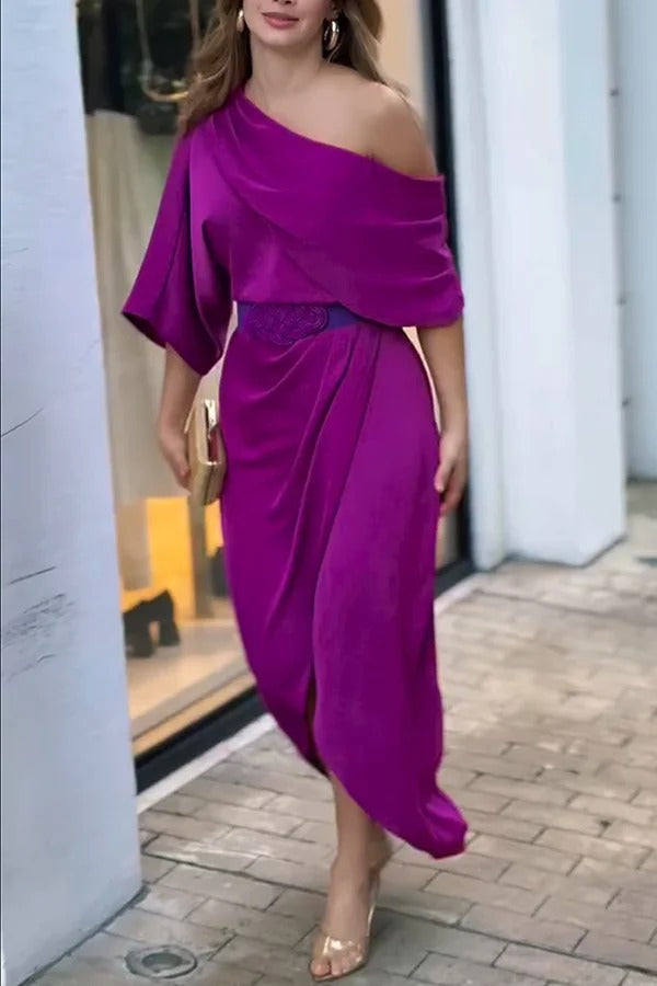 Whispered Yes Satin Irregular Lapel Neckline Design Ruched Maxi Dress