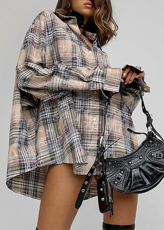 Loose Distressed Plaid Shirt In Grey Cotton